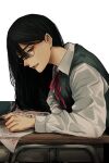  1girl black_hair collared_shirt glasses grey_eyes highres holding hoshi_san_3 long_hair long_sleeves mole mole_on_neck original pen red_ribbon ribbon school_uniform shirt simple_background sleeveless sleeveless_shirt solo table white_background white_shirt 