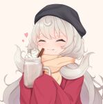  1girl ^_^ beanie beige_background black_headwear closed_eyes coffee cup english_commentary eyebrows_behind_hair foam hat heart highres holding holding_cup long_hair meemo nijisanji nijisanji_en platinum_blonde_hair portrait red_sweater reimu_endou smile solo sweater very_long_hair virtual_youtuber yellow_sweater 