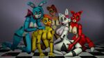  absurd_res bonnie_(fnaf) breasts butt butt_grab canid canine checkered_floor chica_(fnaf) crossgender dietshantytown digital_media_(artwork) female female/female five_nights_at_freddy&#039;s five_nights_at_freddy&#039;s_2 fox foxy_(fnaf) freddy_(fnaf) group group_photo group_portrait hair hand_on_butt hi_res humanoid machine mammal mangle_(fnaf) nipples nude on robot robot_humanoid scottgames simple_background tagme tongue video_games watermark 