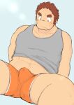  1boy 3c_pan arms_behind_back bara blush brown_hair bulge cum cum_in_clothes erection erection_under_clothes facial_hair feet_out_of_frame grey_tank_top gunzo_(housamo) highres large_pectorals long_sideburns looking_at_bulge looking_down male_focus male_underwear midriff_peek muscular muscular_male no_pants orange_male_underwear pectorals plump precum scar scar_on_cheek scar_on_face short_hair sideburns solo spiked_hair spread_legs stubble tank_top thick_eyebrows thick_thighs thighs tokyo_afterschool_summoners underwear 