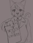  anthro breasts claws clothing collared_shirt domestic_cat eyebrows felid feline felis female formal formal_wear hair holding_object humor jokoifu line_art looking_at_viewer mammal necktie simple_background solo stare suit text whiskers 