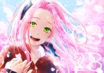  1girl :d black_headband character_name collarbone dated day floating_hair green_eyes hair_intakes haruno_sakura headband jacket long_hair looking_at_viewer naruto naruto_(series) outdoors pink_hair red_jacket smile solo_focus t0m0mile zipper 