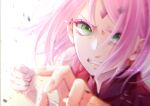  1girl bangs blurry blurry_foreground clenched_teeth floating_hair green_eyes hair_between_eyes haruno_sakura long_hair looking_at_viewer naruto_(series) naruto_shippuuden pink_hair portrait solo t0m0mile teeth twitter_username white_background 