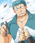  1boy bara beard blue_hair blush ear_blush facial_hair flying_sweatdrops highres holding holding_pencil jacket large_pectorals male_focus mature_male muscular muscular_male mustache nunutarou pectoral_cleavage pectorals pencil pov short_hair sideburns solo_focus stubble sweatdrop tokyo_afterschool_summoners track_jacket triton_(housamo) upper_body zipper_pull_tab zipping 