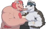  3boys abs ainu_clothes animal_ears arm_hair bara between_pectorals bite_(12beat13) blue_eyes boy_sandwich chernobog_(housamo) chest_hair curled_horns demon_horns eye_contact face_to_pecs facial_hair furry furry_male furry_with_non-furry goatee grey_fur grey_hair hand_on_another&#039;s_head head_between_pecs headband height_difference highres horkeu_kamui horns interspecies large_pectorals looking_at_another male_focus master_5_(housamo) multicolored_hair multiple_boys muscular muscular_male nipples nude orange_hair pectoral_press pectorals pink_fur sandwiched short_hair sideburns size_difference sweatdrop thick_eyebrows tokyo_afterschool_summoners tusks two-tone_fur two-tone_hair upper_body white_background wolf_boy wolf_ears yaoi yellow_eyes 