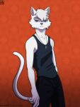  2021 anthro bottomwear clothed clothing digital_media_(artwork) dog_tags domestic_cat felid feline felis fur hair hi_res looking_at_viewer male mammal prismanoodle_(artist) shirt simple_background solo tank_top topwear white_body white_fur white_hair 