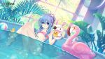  1girl ball bare_legs bare_shoulders barefoot bikini blue_eyes blue_hair breasts bubble cleavage date_a_live date_a_live:_spirit_pledge eyebrows_visible_through_hair hair_ornament highres long_hair looking_at_viewer official_art open_mouth partially_submerged partially_underwater_shot pink_bikini plant small_breasts smile swimsuit water yoshino_(date_a_live) yoshinon 