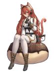  1girl absurdres animal_ears bangs blush boots cat_ears cat_girl cat_tail clothing_cutout darpi eris_greyrat frown headset highres looking_at_viewer mushoku_tensei red_eyes red_hair shoulder_cutout simple_background sitting solo tail thighs tsundere uniform white_background 