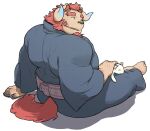  1boy animal_on_lap arm_hair bara blue_eyes blue_kimono blush cat cat_on_lap chernobog_(housamo) curled_horns demon_horns facial_hair full_body furry furry_male goatee horns japanese_clothes kimono male_focus muscular muscular_male orange_hair oyama_soil_(osansyoup) petting pink_fur short_hair sideburns sitting solo tail tail_through_clothes thick_eyebrows tokyo_afterschool_summoners tusks white_cat 