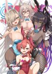  4girls :d akane_(blue_archive) animal_ears aoi_manabu arm_up asuna_(blue_archive) black_hair black_leotard blonde_hair blue_archive blue_bow blue_bowtie blue_eyes blue_leotard blush bow bowtie breasts brown_eyes brown_legwear cleavage condom condom_in_clothes condom_in_mouth covered_navel dark-skinned_female dark_skin detached_collar eyebrows_visible_through_hair eyes_visible_through_hair fake_animal_ears fishnet_legwear fishnets floral_print glasses gloves hair_over_one_eye halo hand_up holding holding_condom jacket karin_(blue_archive) large_breasts leotard mole mole_on_breast mole_under_eye mouth_hold multiple_girls neru_(blue_archive) number_tattoo off_shoulder open_mouth orange_hair pantyhose playboy_bunny pregnancy_test rabbit_ears rabbit_tail red_bow red_bowtie red_eyes red_leotard shoulder_tattoo silver_hair simple_background small_breasts smile sweatdrop tail tattoo thighband_pantyhose white_gloves white_jacket white_leotard wrist_cuffs yellow_eyes 