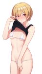  1girl bikini black_shirt blonde_hair breasts clothes_lift commentary_request covering covering_crotch cowboy_shot eyebrows_visible_through_hair hair_between_eyes halter_top halterneck hand_up highres idolmaster idolmaster_shiny_colors legs_together lifted_by_self mitsukazu_(nijigen_complex) navel open_mouth purple_eyes saijou_juri shirt shirt_lift simple_background small_breasts solo standing stomach swimsuit white_background white_bikini 