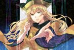  1girl blonde_hair brown_headwear door eyebrows_visible_through_hair foreshortening hat kyuu_umi long_hair looking_at_viewer matara_okina outstretched_arm reaching_out smile solo tabard touhou upper_body wide_sleeves yellow_eyes 