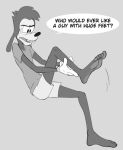  2020 5_toes anthro bottomwear canid canine canis clothing dialogue disney domestic_dog english_text feet female foot_focus goof_troop greyscale holding_leg humanoid_feet mammal max_goof monochrome shorts sodabox solo text toes 