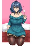  1girl absurdres bare_shoulders black_legwear blue_eyes blue_hair blue_sweater blush breasts choker cleavage collarbone eyebrows_visible_through_hair garter_straps glasses grin heart highres lap_pillow_invitation large_breasts lips long_sleeves looking_at_viewer mimikaki off-shoulder_sweater off_shoulder original parted_lips ribbed_sweater round_eyewear short_hair smile solo sweater teeth thighhighs twitter_username zet_(twt_zet) 