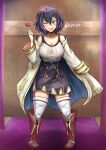  1girl absurdres boots breasts brown_footwear cleavage collarbone eyebrows_visible_through_hair fire_emblem fire_emblem_heroes full_body heart highres knee_boots large_breasts looking_at_viewer morgan_(fire_emblem) morgan_(fire_emblem)_(female) one_eye_closed purple_eyes purple_hair short_hair solo tongue tongue_out twitter_username zet_(twt_zet) 