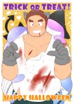  1boy 3c_pan :d alternate_costume animal_ears bara belly blood blood_from_mouth blush brown_hair claw_pose cowboy_shot demon_horns demon_tail facial_hair fake_animal_ears gunzo_(housamo) halloween halloween_costume happy_halloween highres horns long_sideburns looking_at_viewer male_focus muscular muscular_male pectoral_cleavage pectorals plump scar scar_on_cheek scar_on_face shirt short_hair sideburns smile solo spiked_hair spirit stubble tail thick_eyebrows tokyo_afterschool_summoners torn_clothes torn_shirt trick_or_treat wolf_ears wolf_paws 