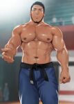  1boy abs bara bare_pectorals beard black_hair chest_hair facial_hair hairy highres large_pectorals looking_at_viewer muscular muscular_male navel nipples otototo pectorals short_hair smile solo standing sweat thick_thighs thighs 