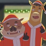  2021 anthro atsuya_baba_(odd_taxi) biikurishita biped brown_body christmas christmas_clothing christmas_headwear clothed clothing duo embrace equid equine hat headgear headwear hi_res holidays horse hug humanoid_hands kensuke_shibagaki_(odd_taxi) male mammal odd_taxi santa_hat slightly_chubby suid suina sus_(pig) wild_boar 