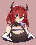  1girl absurdres arknights breasts cleavage collarbone eyebrows_visible_through_hair food highres horns large_breasts long_hair looking_at_viewer popsicle popsicle_in_mouth purple_eyes red_hair solo surtr_(arknights) upper_body zet_(twt_zet) 
