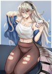  1girl absurdres black_pants blonde_hair breasts cellphone cleavage collarbone corrin_(fire_emblem) corrin_(fire_emblem)_(female) crop_top eyebrows_visible_through_hair fire_emblem fire_emblem_fates fire_emblem_heroes hairband highres holding holding_phone large_breasts looking_at_viewer navel pants parted_lips phone pointy_ears red_eyes sitting smartphone solo torn_clothes torn_pants yoga_pants zet_(twt_zet) 