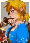  1boy bangs blue_eyes blue_tunic brown_gloves closed_mouth commentary_request earrings eichi_(wild_chicken) eyelashes fingerless_gloves gloves hair_tie hand_up jewelry link male_focus pointy_ears scrape sheath solo sword the_legend_of_zelda the_legend_of_zelda:_breath_of_the_wild tied_hair upper_body weapon 