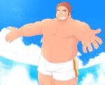  1boy 3c_pan abs arms_at_sides bara beach belly blush brown_hair bulge cowboy_shot facial_hair gunzo_(housamo) highres large_pectorals long_sideburns looking_at_viewer male_focus male_swimwear muscular muscular_male navel nipples outdoors pectorals plump scar scar_on_cheek scar_on_face short_hair sideburns sky smile solo spiked_hair standing stomach stubble swim_trunks thick_eyebrows thick_thighs thighs tokyo_afterschool_summoners topless_male water wet white_male_swimwear 