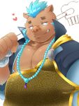  1boy animal_ears bara bead_necklace beads belly blue_hair blush brown_fur carrying_over_shoulder gakuran goryou_(housamo) heart highres holding holding_staff jewelry large_pectorals male_focus muscular muscular_male necklace nunutarou pectoral_cleavage pectorals pig_boy pig_ears plump school_uniform short_hair smile snout solo staff tokyo_afterschool_summoners tusks unfinished upper_body 