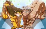  2boys all_fours animal_ears ass bara barrel_(live_a_hero) beige_fur blush brown_fur chest_hair completely_nude dark-skinned_male dark_skin dog_boy dog_ears dog_tail facial_hair fangs full_body furry furry_male goatee gomeisa_(live_a_hero) green_eyes hair_strand highres kneeling large_pectorals live_a_hero long_sideburns looking_at_viewer male_focus multiple_boys muscular muscular_male nipples nodis_(nodis_node) nude orange_fur pectorals pet_play raised_eyebrows short_hair sideburns sidepec tail tattoo thighs tribal_tattoo 