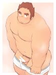  1boy 3c_pan ass bara belly blush boxers brown_hair erection facial_hair feet_out_of_frame from_above gunzo_(housamo) highres large_pectorals long_sideburns looking_at_viewer looking_up male_focus male_underwear male_underwear_pull muscular muscular_male navel navel_hair no_nipples pectorals plump pulled_by_self scar scar_on_cheek scar_on_face scribble short_hair sideburns solo spiked_hair stomach stubble thick_eyebrows thick_thighs thighs tokyo_afterschool_summoners topless_male underwear underwear_only undressing white_male_underwear 