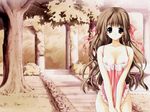  apron bb black_eyes breast breasts brown_hair cleavage covering large_breasts long_hair nipples no_bra no_panties ribbon 