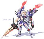  1girl bangs blonde_hair bodysuit breasts brown_eyes center_opening character_request commentary_request danball_senki full_body hair_between_eyes headgear high_ponytail highres holding holding_sword holding_weapon huge_weapon karukan_(monjya) long_hair looking_at_viewer mecha_musume medium_breasts navel ponytail purple_bodysuit shadow solo standing sword translation_request very_long_hair weapon white_background 