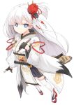  1girl azur_lane bangs blue_eyes breasts eyebrows_visible_through_hair flute gloves hair_ornament highres instrument japanese_clothes katana kimono large_breasts long_hair looking_at_viewer makeup mole mole_under_eye senhappyaku shoukaku_(azur_lane) silver_hair solo sword thighhighs weapon wide_sleeves 