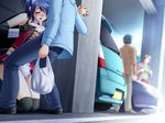  2girls bag blue_hair blush breasts cafe_junkie car closed_eyes corset cum cum_on_body cum_on_breasts cum_on_upper_body ground_vehicle hetero kneeling medium_breasts miniskirt motor_vehicle multiple_boys multiple_girls nitta_nanami paizuri paizuri_under_clothes public public_nudity skirt source_request stealth_sex tatsunami_youtoku 