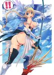  1girl ass bad_id bad_pixiv_id blonde_hair blue_eyes boots braid breasts copyright_request gauntlets helm helmet highres large_breasts legs long_legs penguin_caee polearm pussy sideboob single_braid solo thigh_boots thighhighs thighs uncensored wardrobe_malfunction weapon 