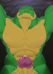  2019 anthro balls biceps big_muscles big_penis blush crocodile crocodilian erection front_view green_scales hamili lizard male multicolored_scales muscular muscular_male nipples penis reptile scales scalie simple_background slit_pupils solo standing two_tone_scales yellow_eyes 