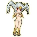  antennae blush breasts chibi claws colored_pubic_hair demon_girl devilman frown head_wings large_breasts looking_at_viewer moderate_pubic_hair nude pubic_hair pussy red_eyes shy silver_hair silver_pubic_hair siren_(devilman) solo tail white_pubic_hair wings 