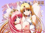  2girls blonde_hair breasts crown eldhia firia fujii_kazuha gloves green_eyes highres looking_back multiple_girls nipples official pink_hair princess purple_eyes ryouki wallpaper 