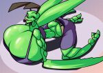  antennae_(anatomy) anthro arthropod bent_over big_breasts bottomwear bra breasts butt cleavage clothed clothing eliot_(heroic_ones) english_text female green_body huge_breasts hyper hyper_breasts insect kneeling looking_at_viewer mandibles mantis non-mammal_breasts one_eye_closed red_sclera shorts smile solo sports_bra text tongue tongue_out underwear wink winterwarning 