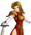  1girl armor blonde_hair blue_eyes breastplate closed_mouth gensou_suikoden gensou_suikoden_i gloves long_hair looking_at_viewer rakusai_(saisai_garou) shoulder_armor simple_background solo sword valeria_(suikoden) weapon white_background white_gloves 