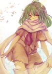  1girl dark-skinned_female dark_skin emerada_(xenogears) green_hair highres long_hair looking_at_viewer midriff navel scarf shiho_mn02 simple_background skirt smile solo thighhighs torn_clothes xenogears yellow_eyes 