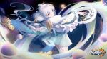  1girl bangs blue_eyes china_dress chinese_clothes closed_mouth dress hair_ornament hand_fan highres holding holding_fan honkai_(series) honkai_impact_3rd long_hair looking_at_viewer official_art planet ponytail smile solo space theresa_apocalypse theresa_apocalypse_(starlit_astrologos) thighhighs white_hair white_legwear zhuge_kongming_(honkai_impact) 