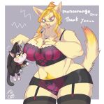  anthro bell big_breasts black_body black_fur blonde_hair bra breasts butler_cat_(sunibee) canid canine canis clothing countershade_face countershading dipstick_tail domestic_cat domestic_dog duo english_text erect_tail eyebrows eyelashes eyeshadow felid feline felis female fluffy fur galette garter_straps green_eyes hair hand_on_breast handpaw hi_res japanese_text jewelry jingle_bell larger_female lingerie lips lipstick makeup male mammal markings motion_lines muscular muscular_female necklace open_mouth paws pink_nose prick_ears pubes red_lips sharp_teeth signature size_difference smaller_male smile suit tail_markings tan_body tan_fur tape_measure teacher_dog_(sunibee) teeth text thick_thighs underwear white_body white_fur wide_hips yelling yellow_sclera 