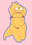  alphys alpi anthro belly big_breasts bikini blush breasts buckteeth chubby_anthro chubby_female clothed clothing eyewear female front_view glasses hands_behind_head lizard looking_away looking_up lying navel non-mammal_breasts on_back open_mouth open_smile reptile scales scalie short_stack simple_background skimpy slightly_chubby smile solo string_bikini swimwear teeth thick_tail thick_thighs under_boob undertale_(series) wavy_mouth wide_hips yellow_body yellow_scales 
