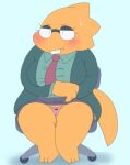  alphys alpi annoyed anthro barefoot big_breasts blush bodily_fluids bottomwear breasts buckteeth chair chubby_anthro chubby_female clothed clothing dress_shirt embarrassed eyewear feet female front_view fully_clothed furniture glasses hi_res jacket lizard looking_at_viewer narrowed_eyes necktie non-mammal_breasts office_chair panties reptile scales scalie shirt short_stack simple_background sitting skirt slightly_chubby solo sweat teeth thick_tail thick_thighs topwear undertale_(series) underwear upskirt yellow_body yellow_scales 