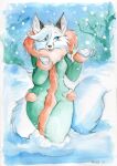  2021 5_fingers anthro arctic_fox black_nose blue_eyes canid canine clothed clothing coat female fingers fox fur humanoid_hands mammal open_mouth open_smile ruff_(clothing) sanssouci signature smile snow snowing solo topwear white_body white_fur 