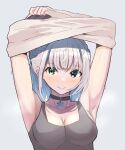  1girl 3walktoriatama absurdres armpits arms_up bangs black_tank_top blush braid breasts cleavage green_eyes highres hololive hot jewelry medium_breasts necklace shiny shiny_hair shirogane_noel silver_hair simple_background smile snowflake_choker steam steaming_body sweat tank_top undershirt undressing 
