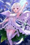  1girl alternative_girls angel_wings armpits breasts cleavage dress eyebrows_visible_through_hair full_moon hair_ornament highres long_hair looking_at_viewer moon official_art open_mouth red_eyes shuriken smile solo usui_miyuki weapon white_dress white_feathers white_footwear white_hair white_legwear wings 