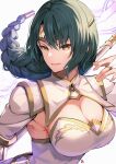  1girl bangs braid breasts bridal_gauntlets brown_eyes circlet cleavage commentary_request dress eyebrows_visible_through_hair fire_emblem fire_emblem_heroes floating_hair gold_trim green_hair hair_between_eyes highres holding holding_polearm holding_weapon jewelry large_breasts lightning long_hair looking_at_viewer nakabayashi_zun polearm signature simple_background single_braid smile solo thorr_(fire_emblem) tied_hair upper_body weapon white_background white_dress 