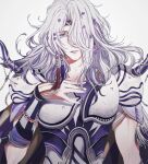  1boy amu_(nsk0) beads bishounen cecil_harvey final_fantasy final_fantasy_iv hair_beads hair_ornament hand_on_own_chest long_hair looking_at_viewer parted_lips purple_eyes shoulder_spikes silver_hair simple_background solo spikes upper_body 