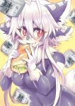 2019 5_fingers anthro big_breasts blush breasts can canid canine canis container digital_media_(artwork) eating featureless_breasts female fingers food fur grey_body grey_fur hair japanese_text kemono lemon lettuce long_hair mammal nagoshinikake navel nude plant red_eyes sandwich_(food) simple_background solo standing text vegetable white_hair wolf yellow_background 